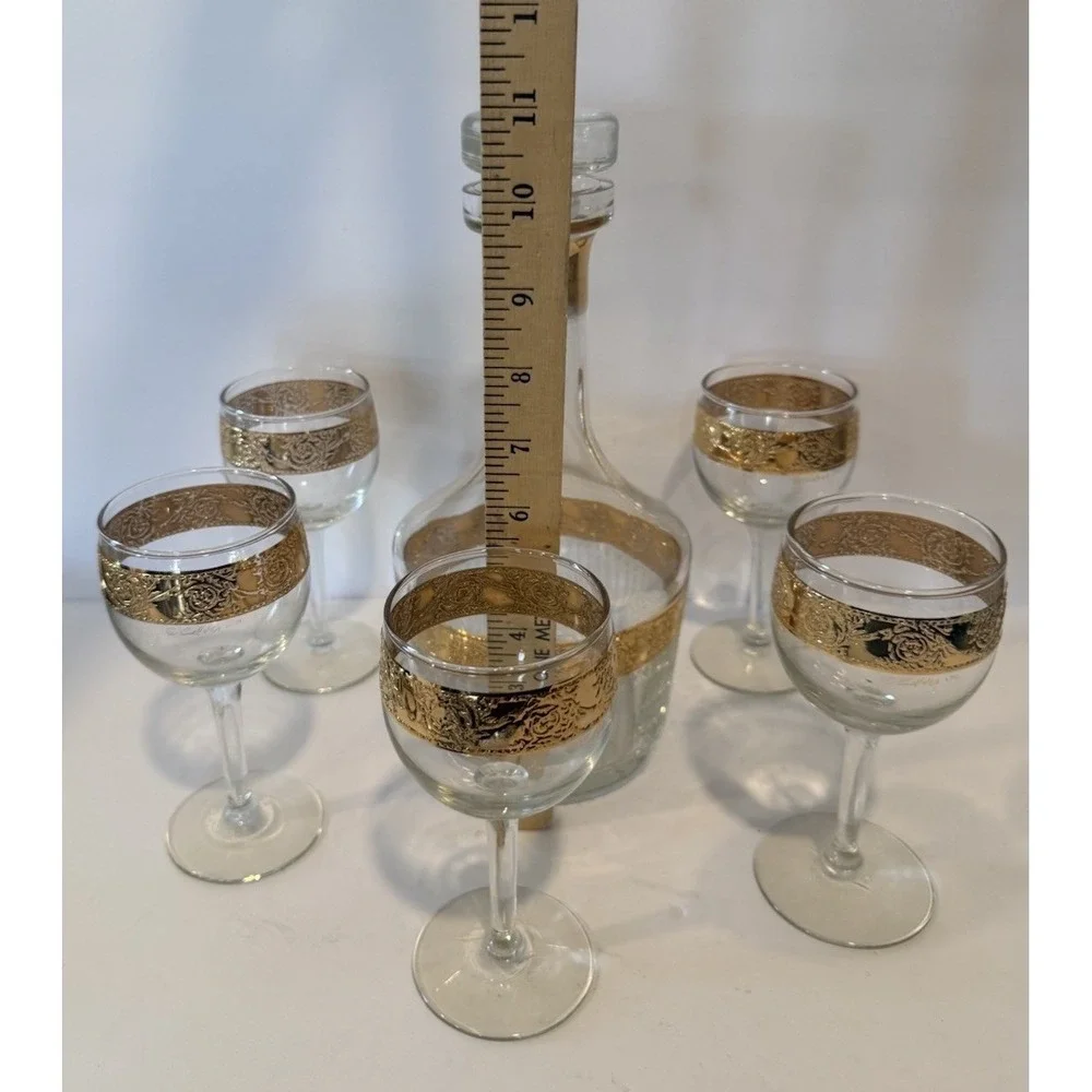 Vintage Culvers Ltd Tyrol 22K Gold Decanter & 5 Wine Glasses Made in USA 1960s